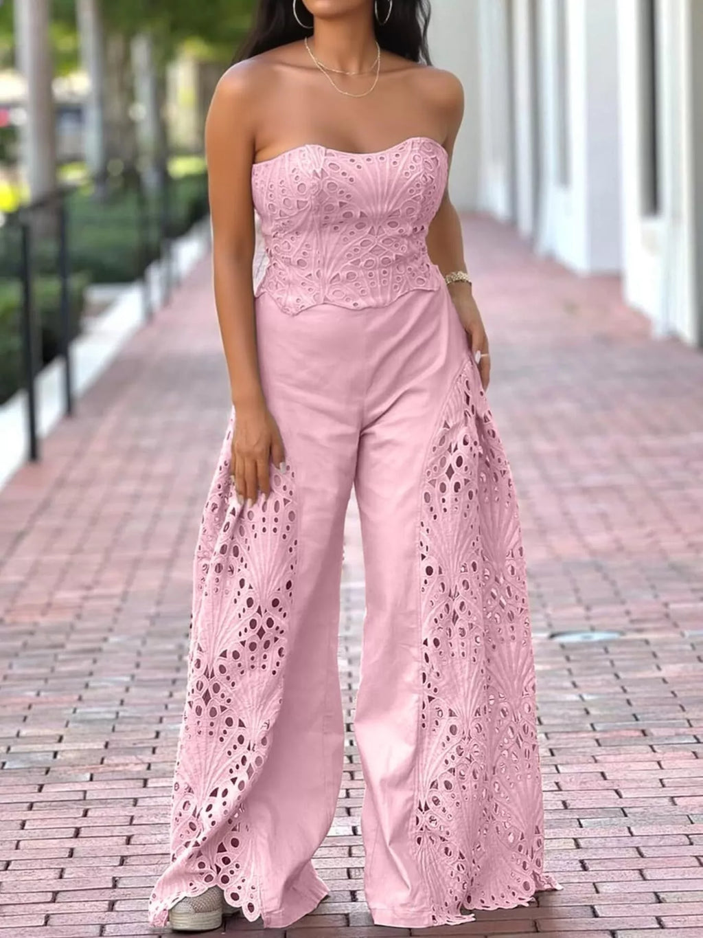 Hollow-Out Tube Top and Pants Two-Piece Set