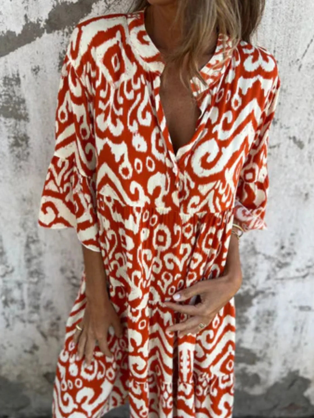 Full Size Printed Notched Half Sleeve Dress Plus Size