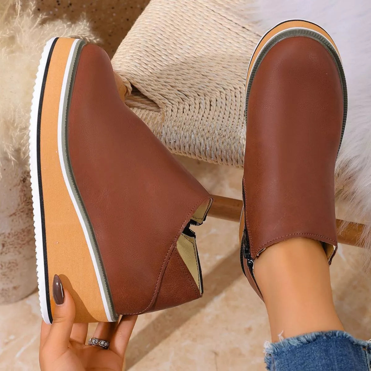 Round Toe Wedge Ankle Boots