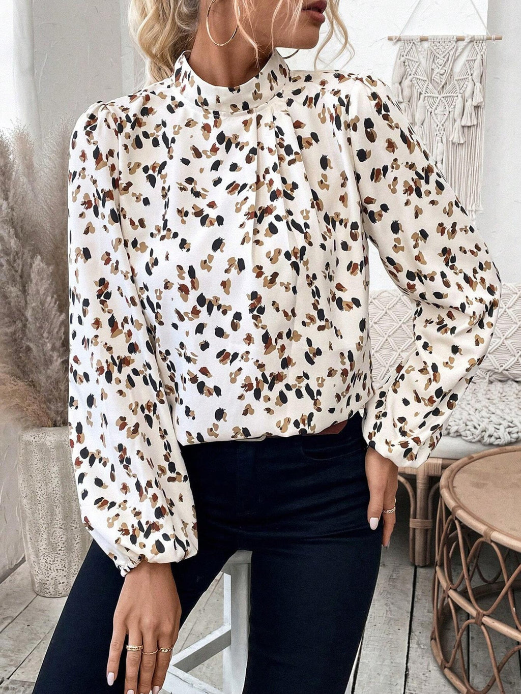 Leopard Print Mock Neck Blouse