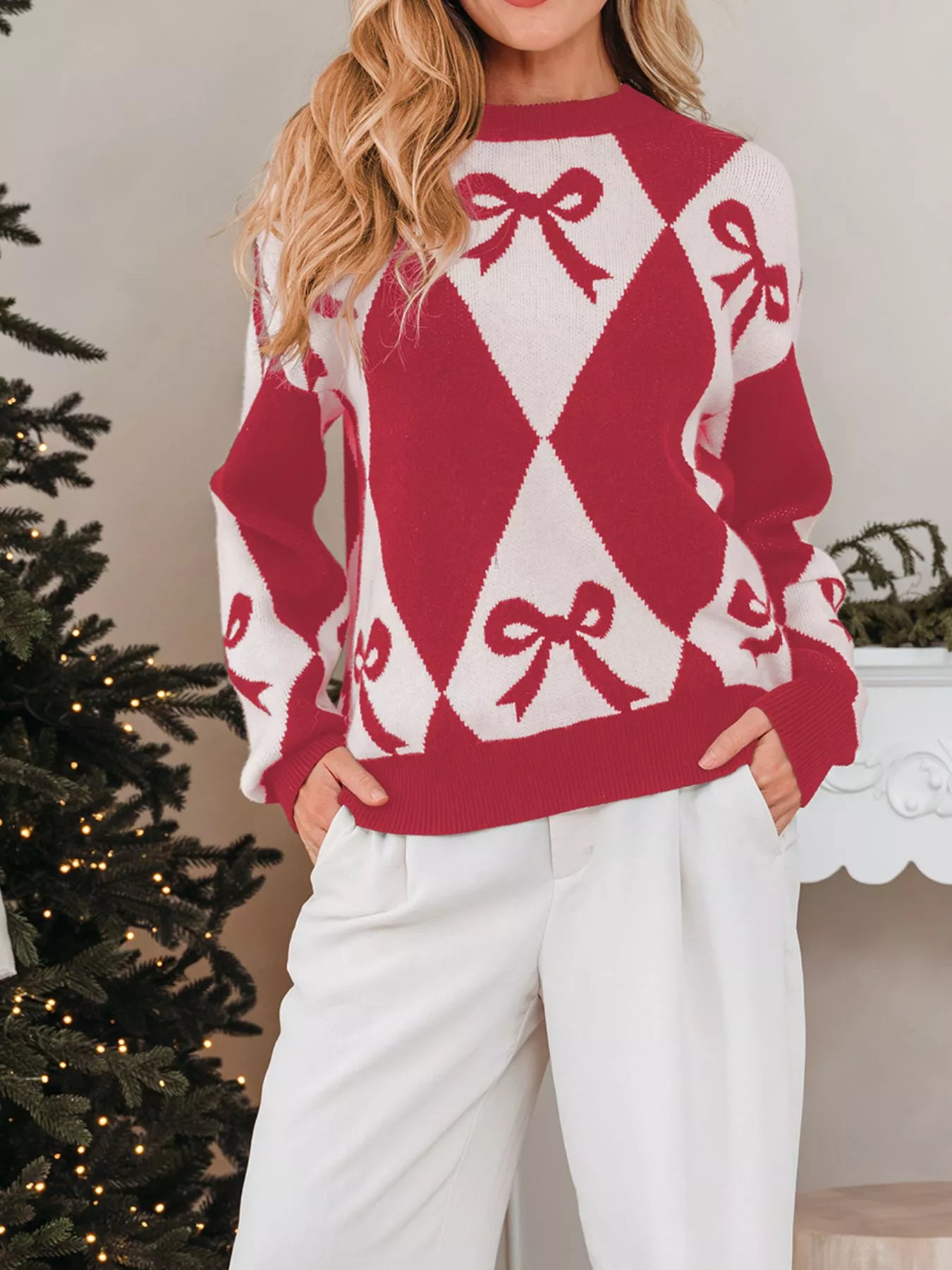 Bow Print 2-Tone Rhombus Knit Loose Sweater