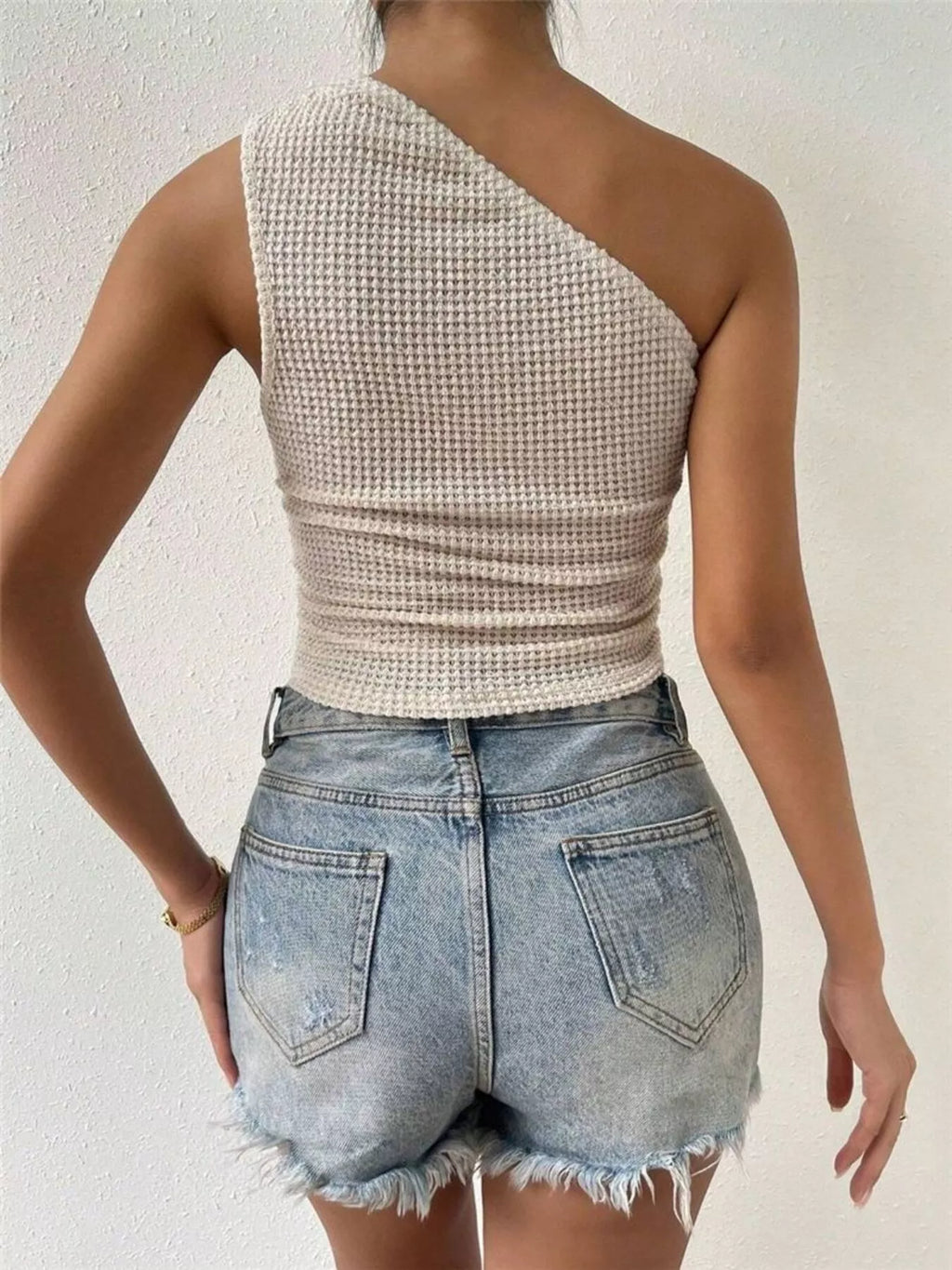 Asymmetrical One-Shoulder Waffle Knit Tank