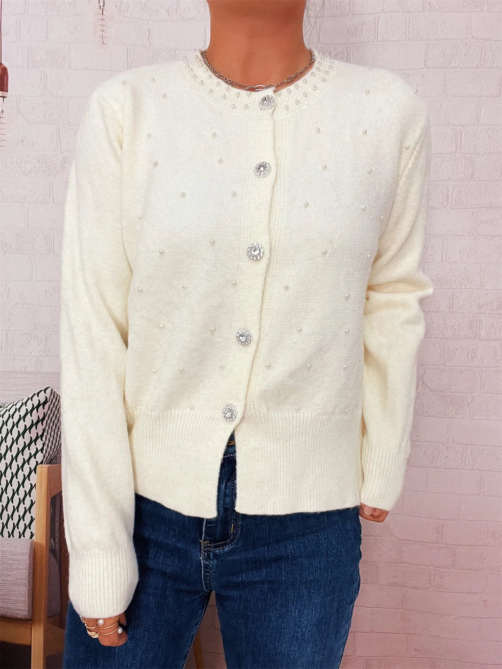 Pearl Detail Button-Front Cardigan