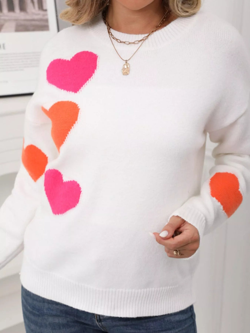 Valentine's Day Heart Pattern Round Neck Sweater