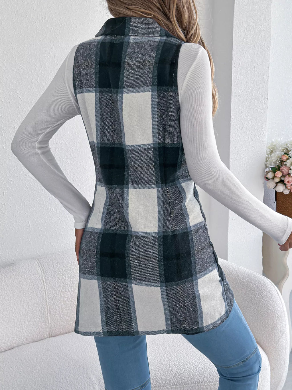 Plaid Double-Breasted Vest Coat