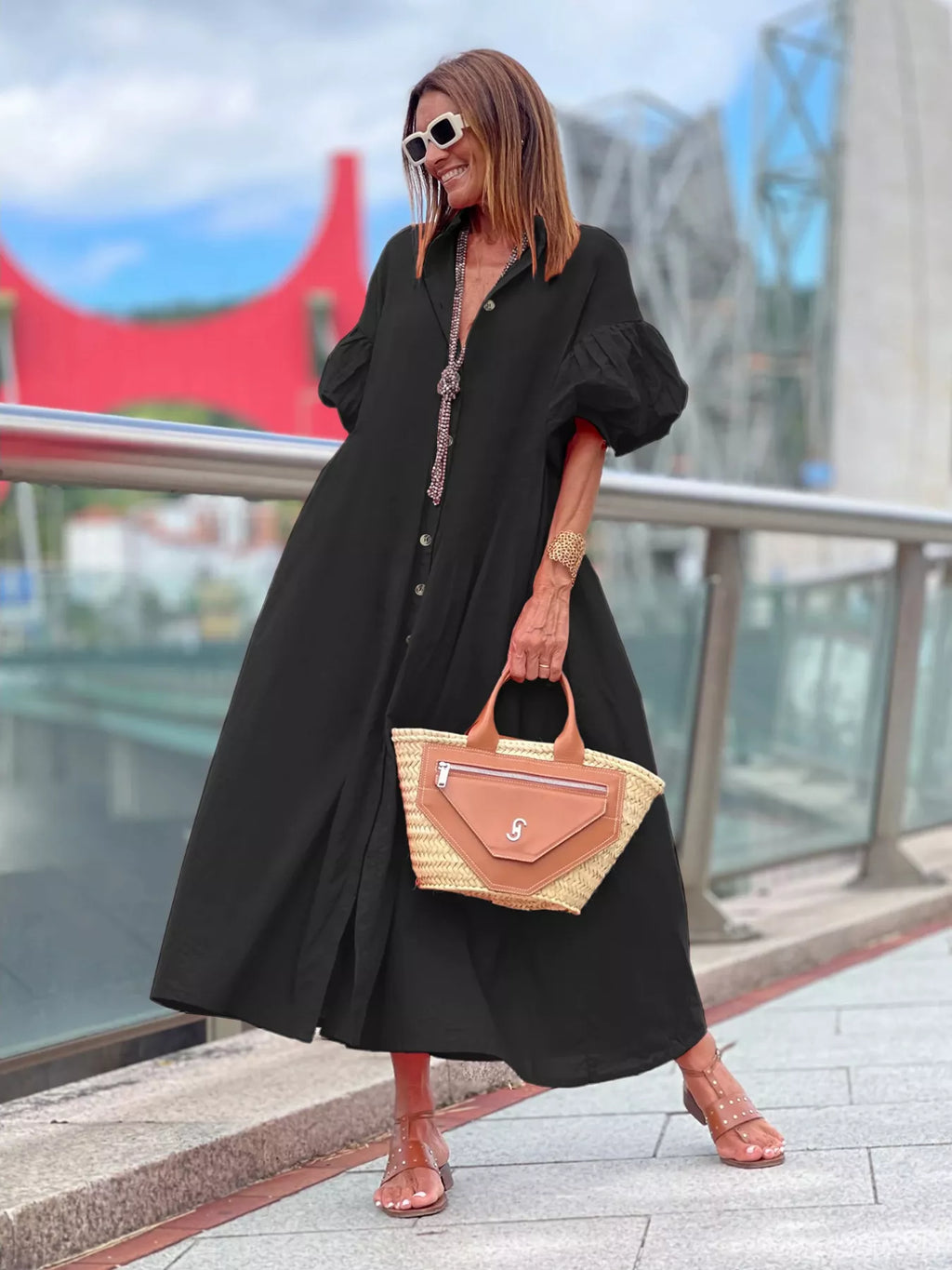Plus Size Button Front Puff Sleeve Shirt Dress