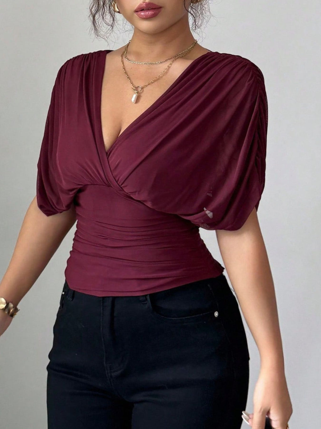 Ruched Surplice Short Sleeve Top
