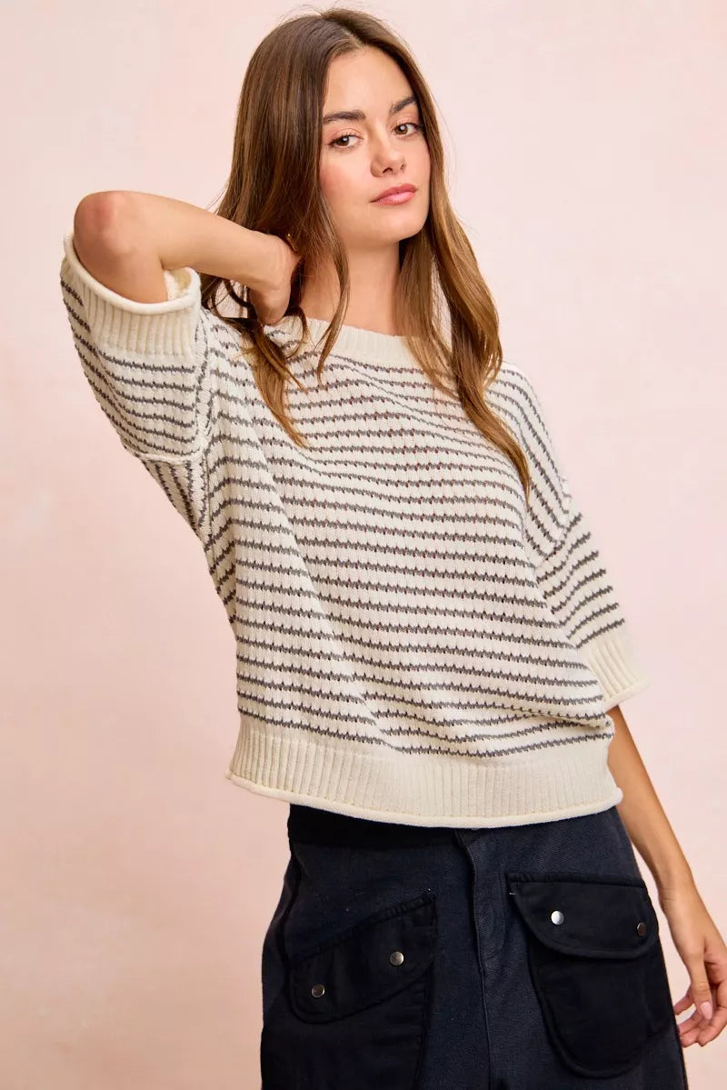 BiBi Stripes Short Sleeves Rib Banded Outseam Knit Top
