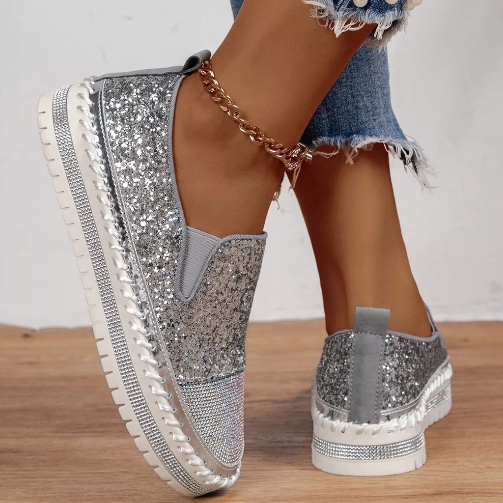 Rhinestone Sequin Round Toe Platform Loafers
