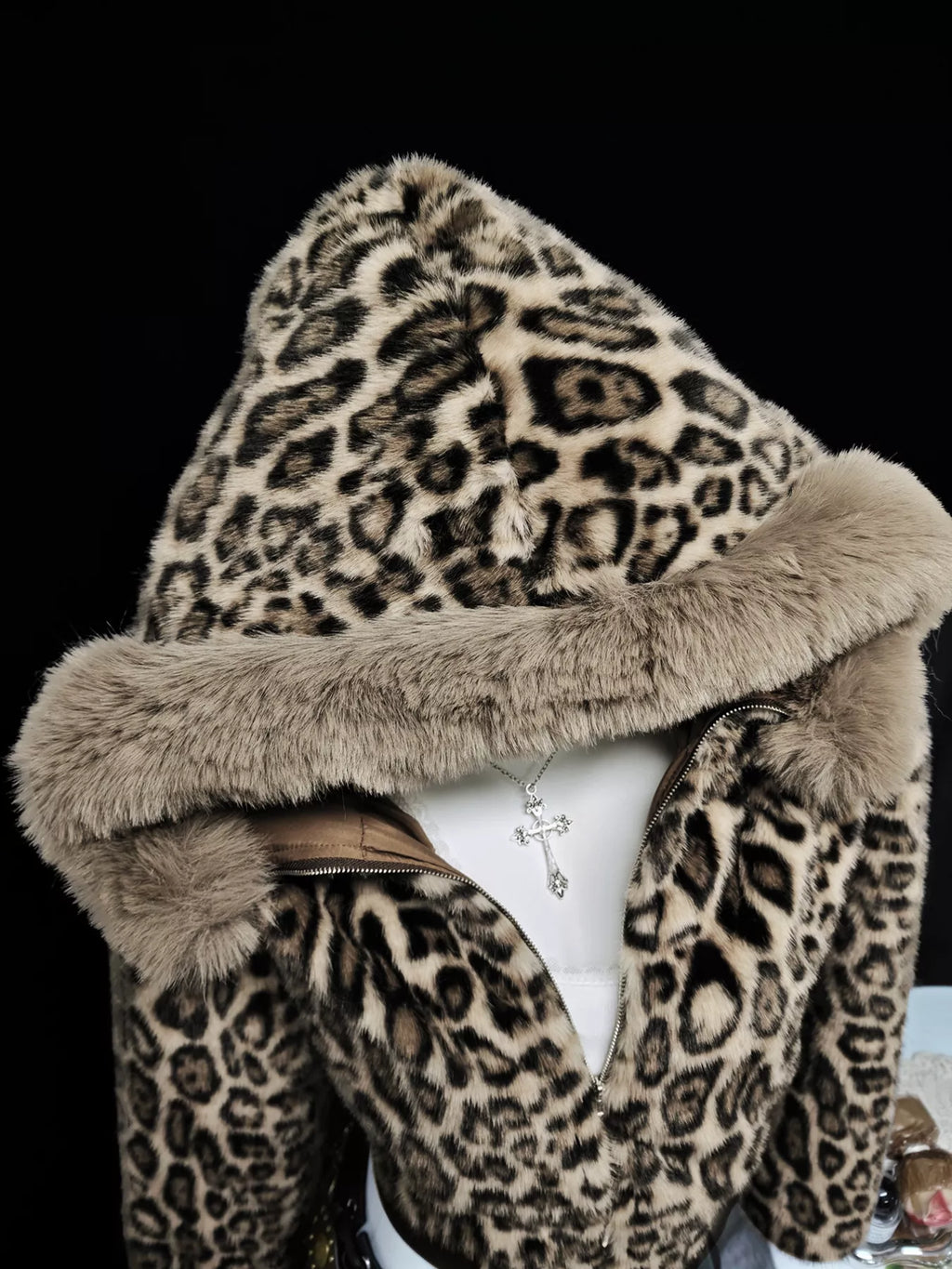 Leopard Faux Fur Hooded Outerwear