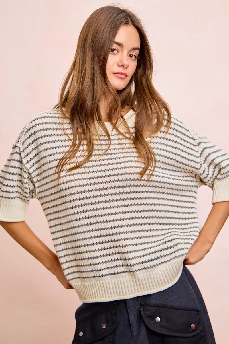 BiBi Stripes Short Sleeves Rib Banded Outseam Knit Top