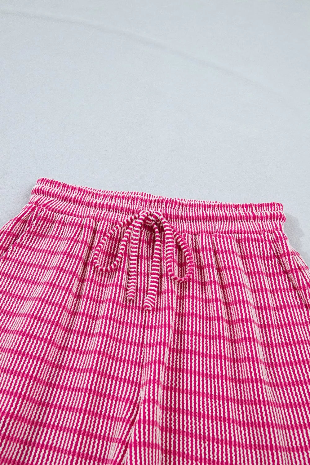 Stripe Raised Rib Loose Tee Drawstring Elastic Waist 2pcs Short Set
