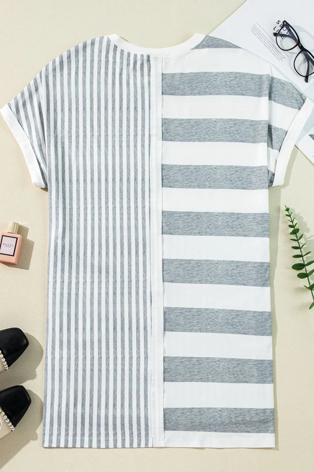 Stripe Mixed Short Sleeve Shift Mini Tee Dress