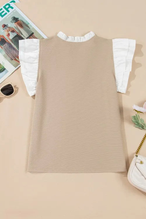 Ruffled Notched Cap Sleeve Top