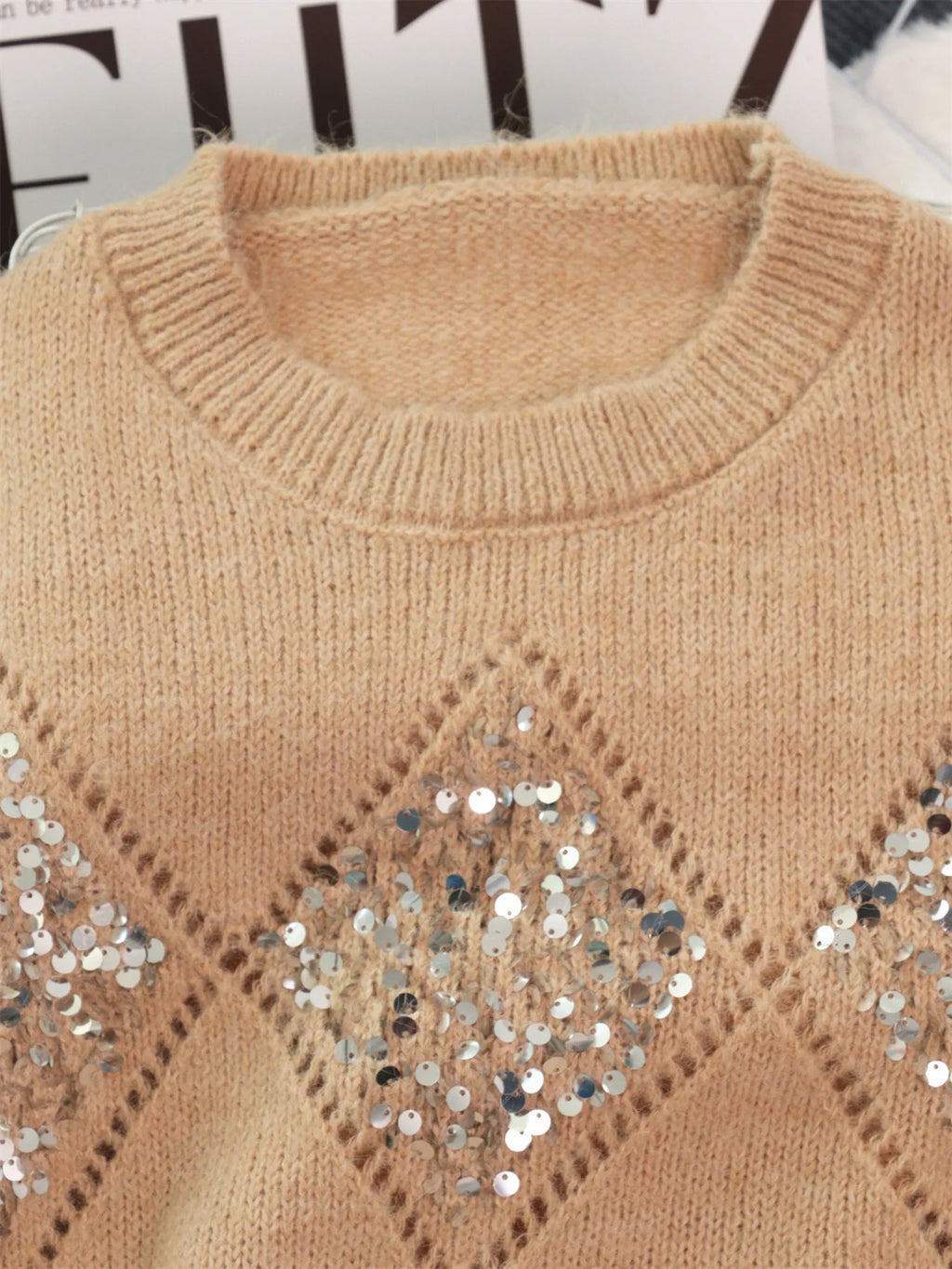 Sequined Diamond Pattern Oversized Sweater