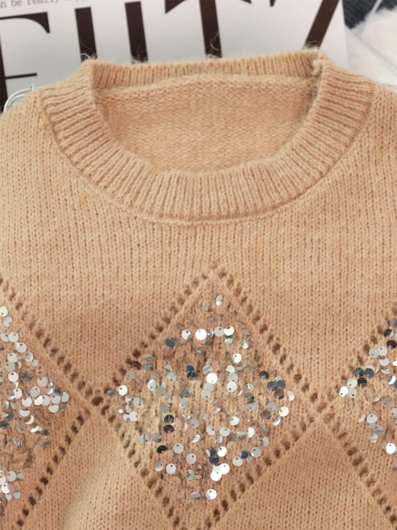 Sequined Diamond Pattern Oversized Sweater