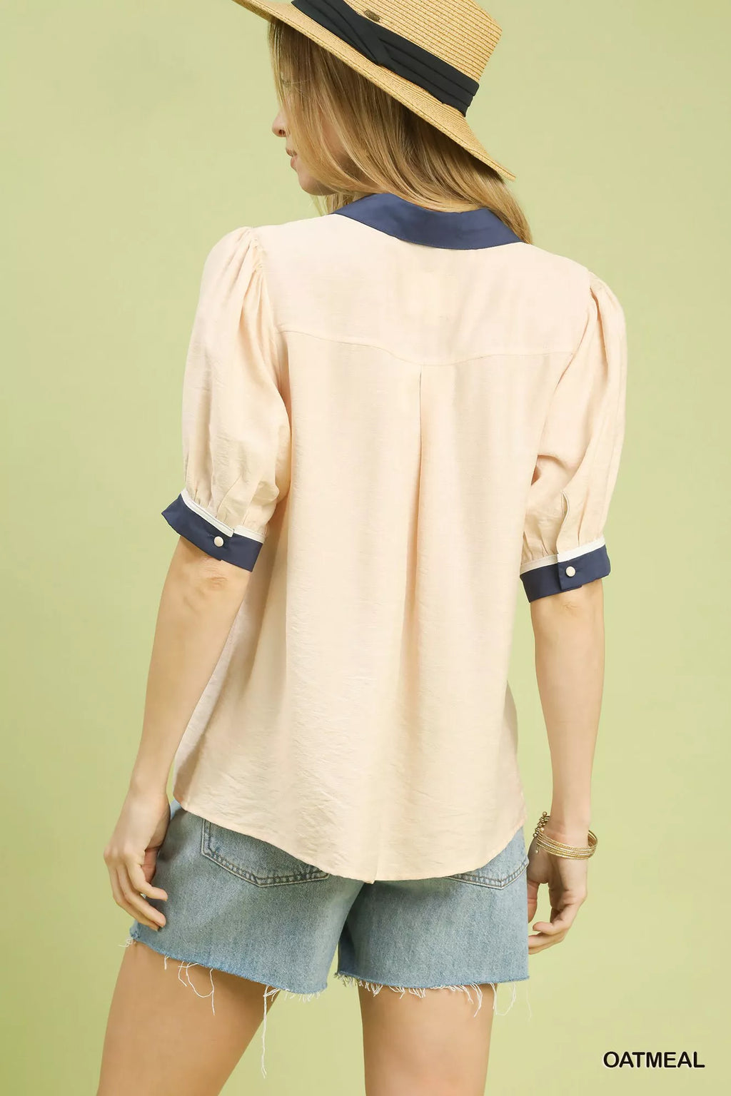 Umgee Embroidered Puff Sleeve Contrast Trim Top