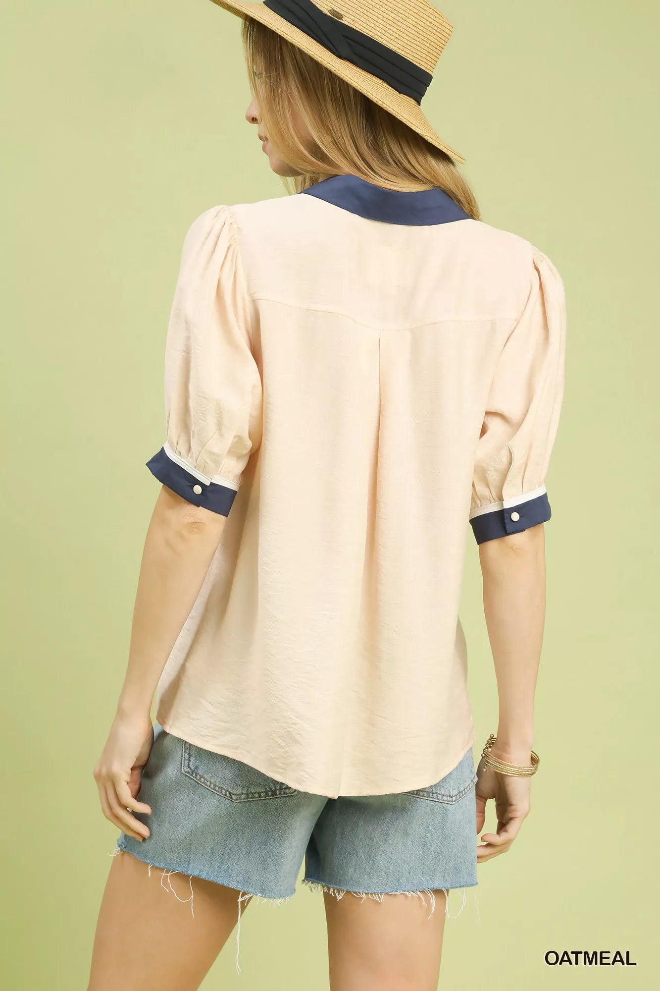 Umgee Embroidered Puff Sleeve Contrast Trim Top