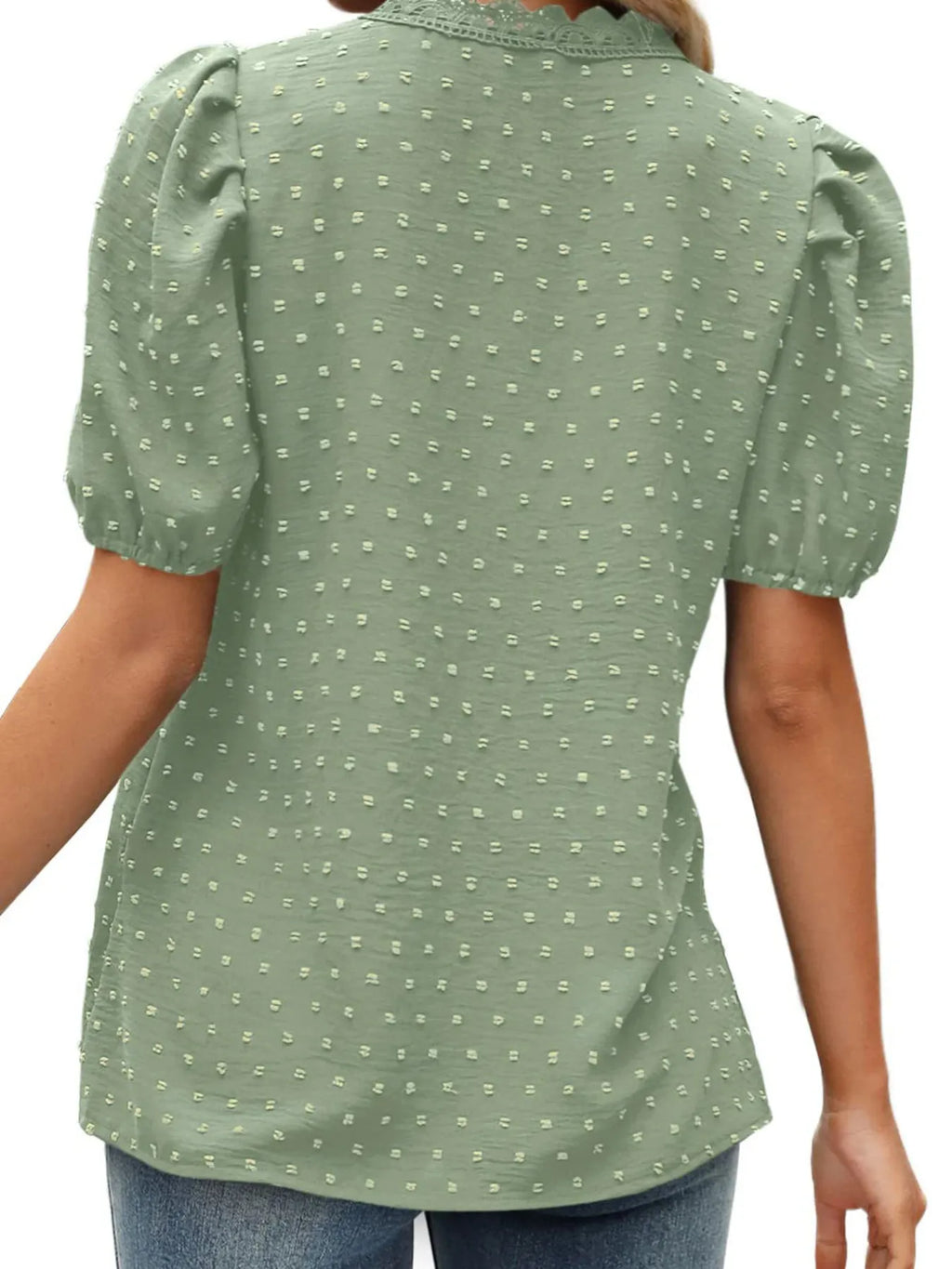 Puff Sleeve Swiss Dot Lace Trim Blouse