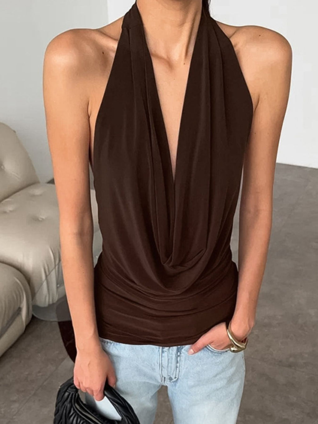 Backless Halter Cowl Neck Cami