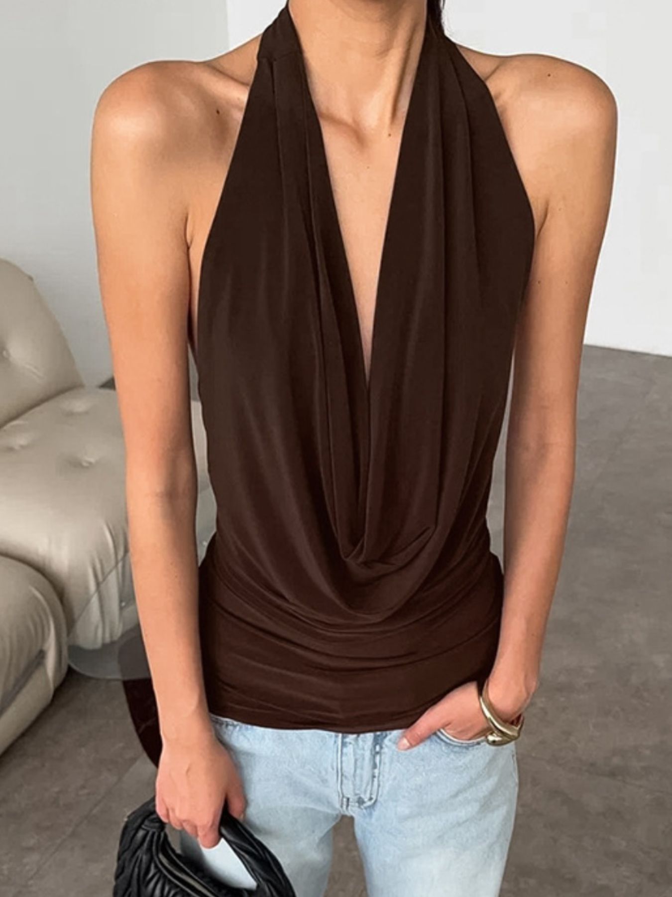 Backless Halter Cowl Neck Cami