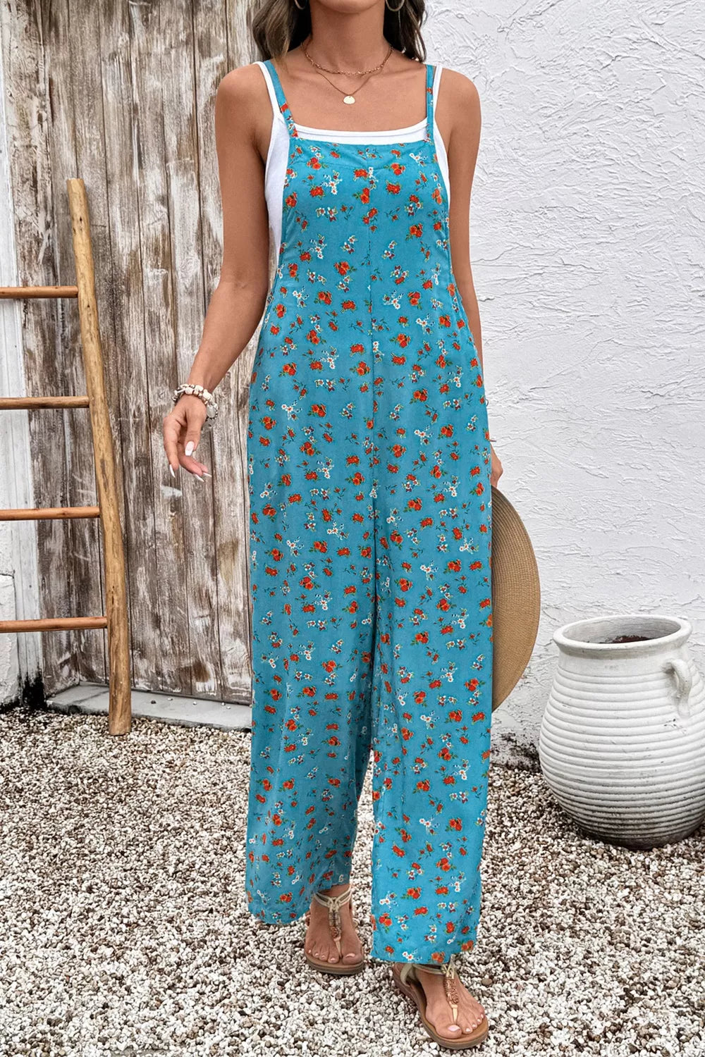 Floral Print Spaghetti Straps Loose Pocketed Jumpsuit