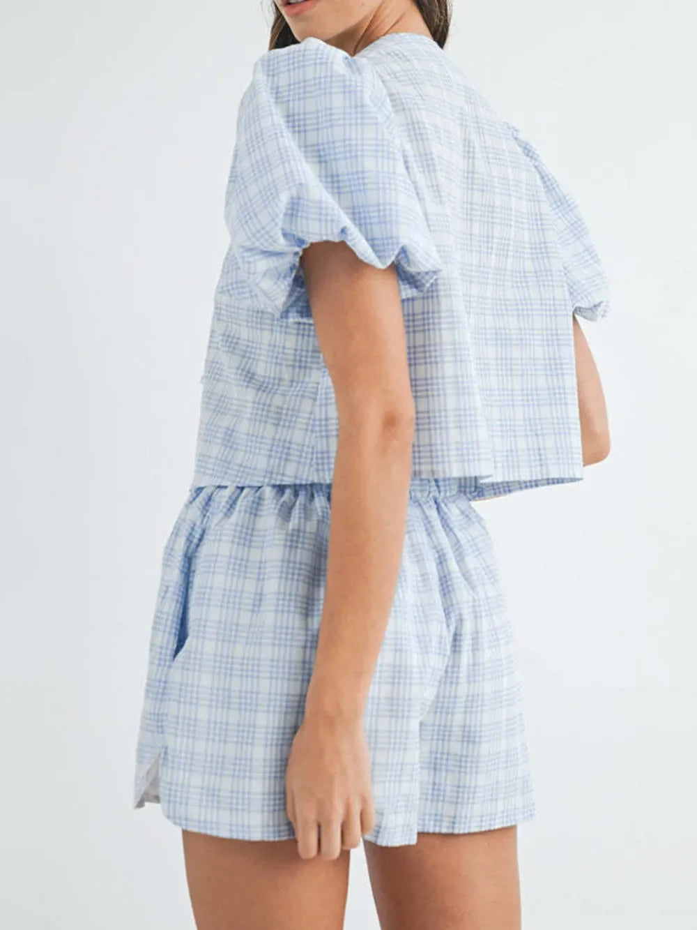 V-Neck Puff Sleeve Top and Shorts Set