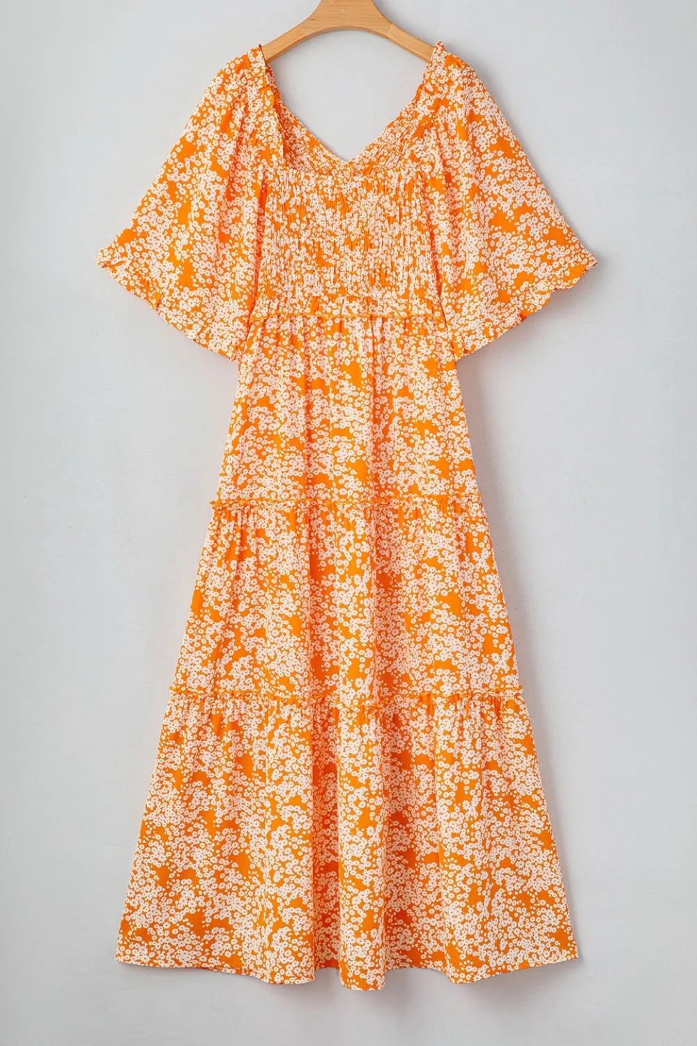 Floral Print Smocked V Neck Wide Sleeve Maxi Dress