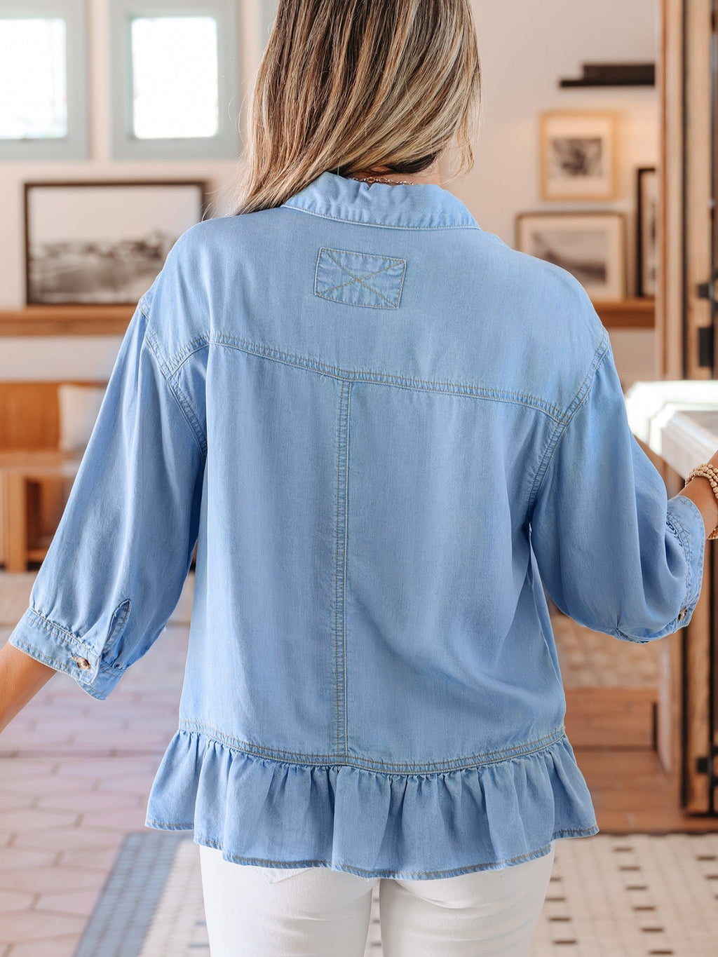 Half Sleeve Button Down Ruffled High Low Chambray Shirt