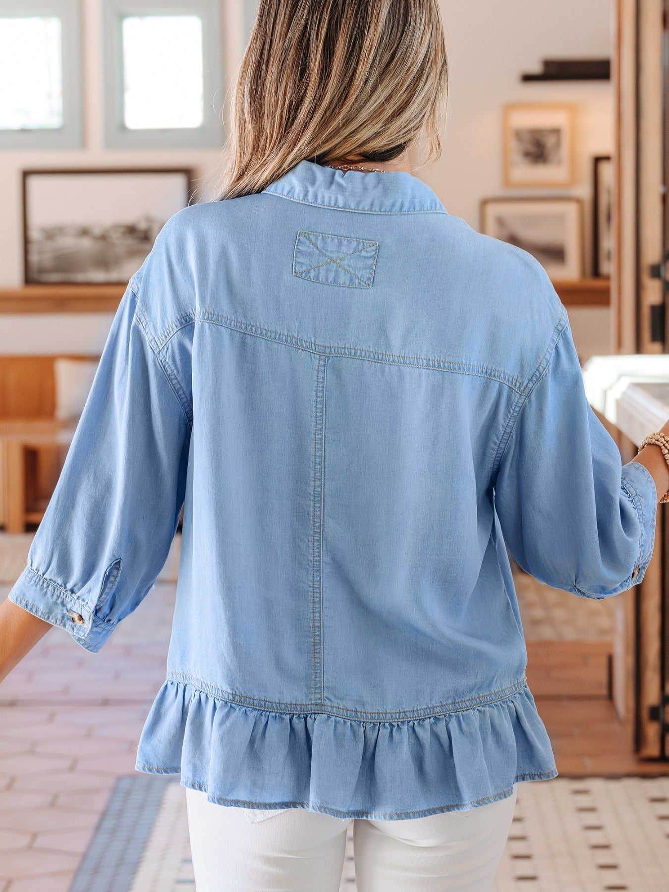 Half Sleeve Button Down Ruffled High Low Chambray Shirt