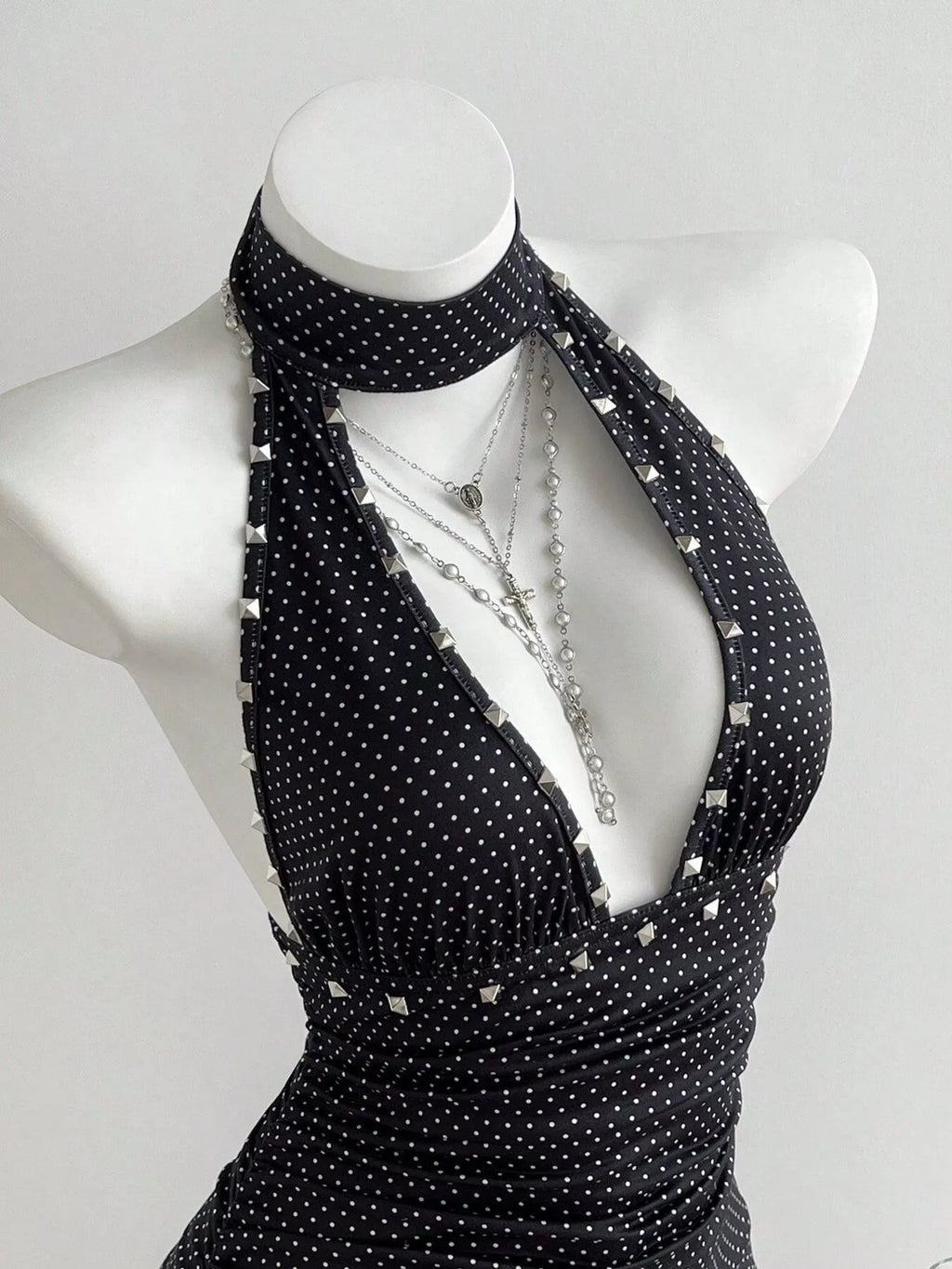 Polka Dot Cutout Front Halter Neck Dress