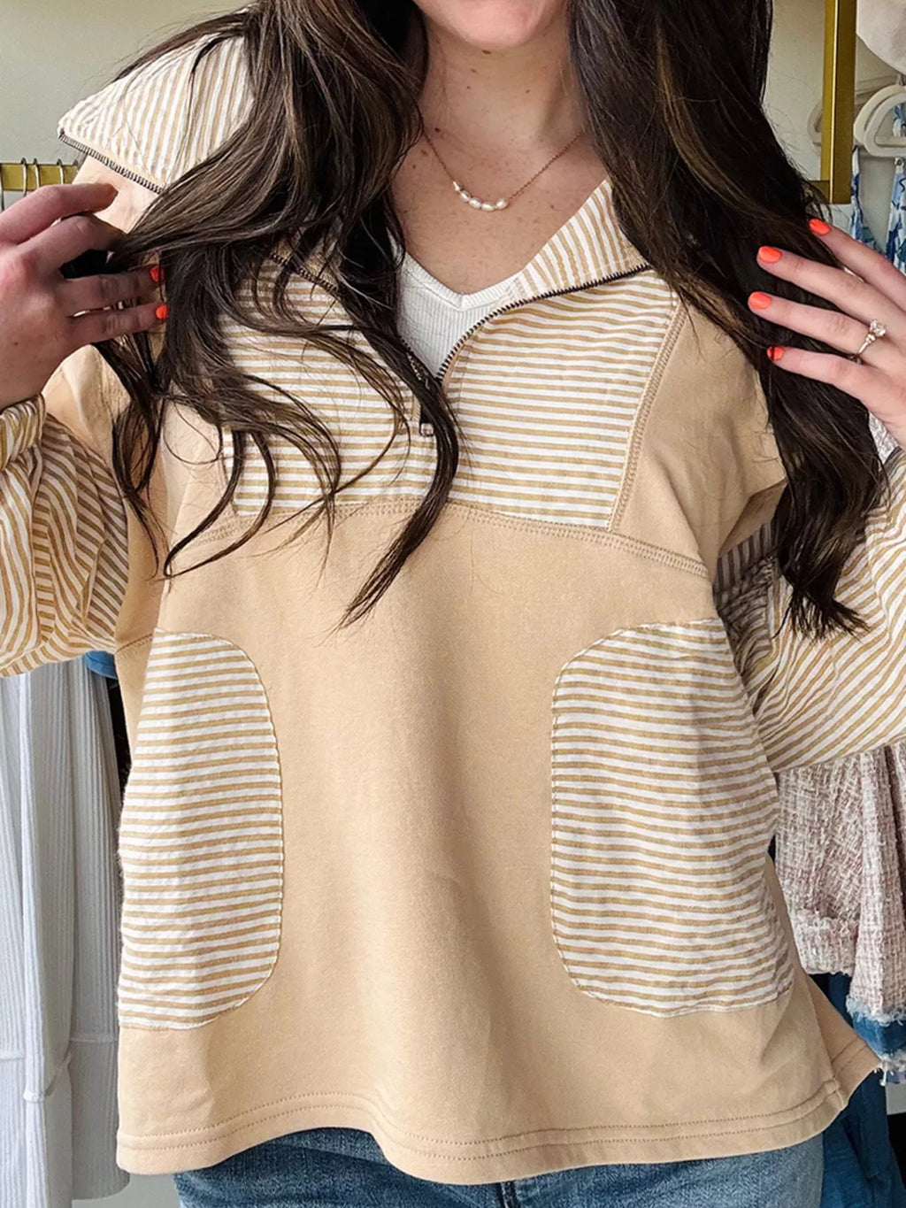 Quarter Zip Striped Patchwork Drop Shoulder Loose Long Sleeve Top