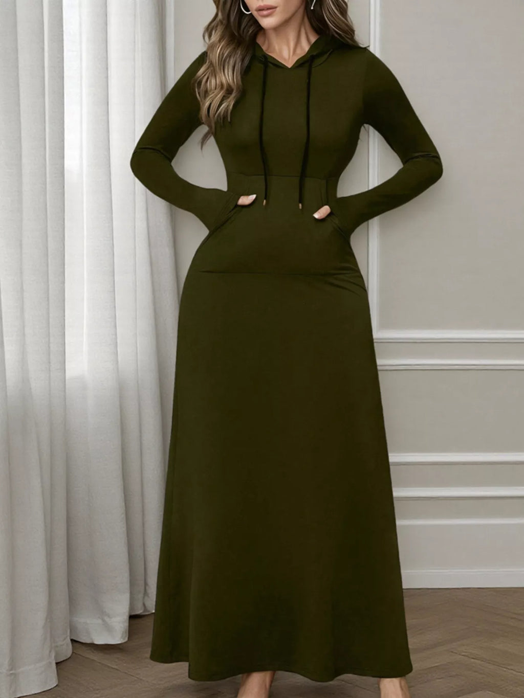Drawstring Long Sleeve Hooded Maxi Dress