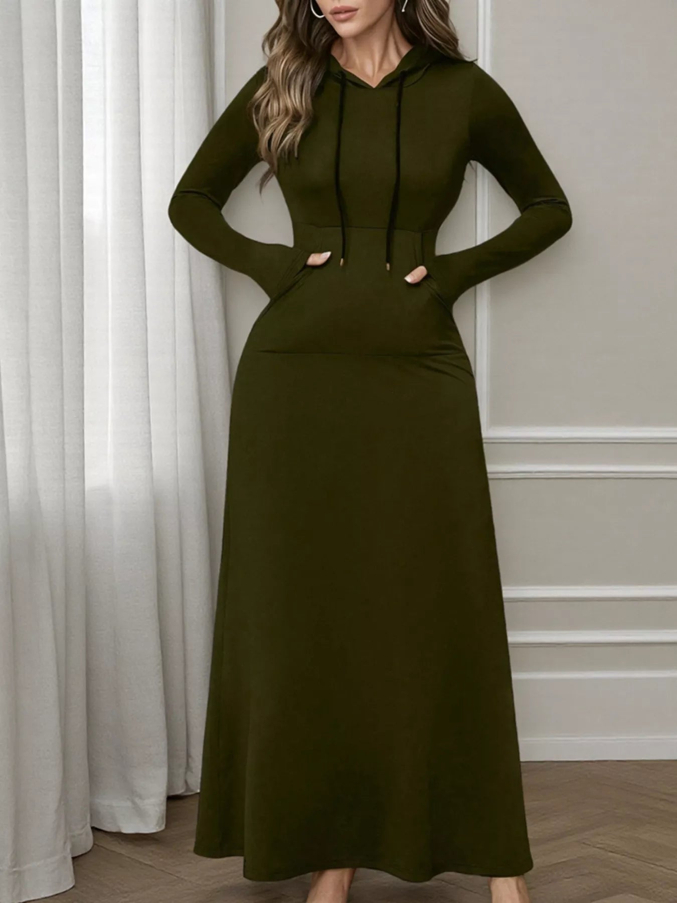 Drawstring Long Sleeve Hooded Maxi Dress