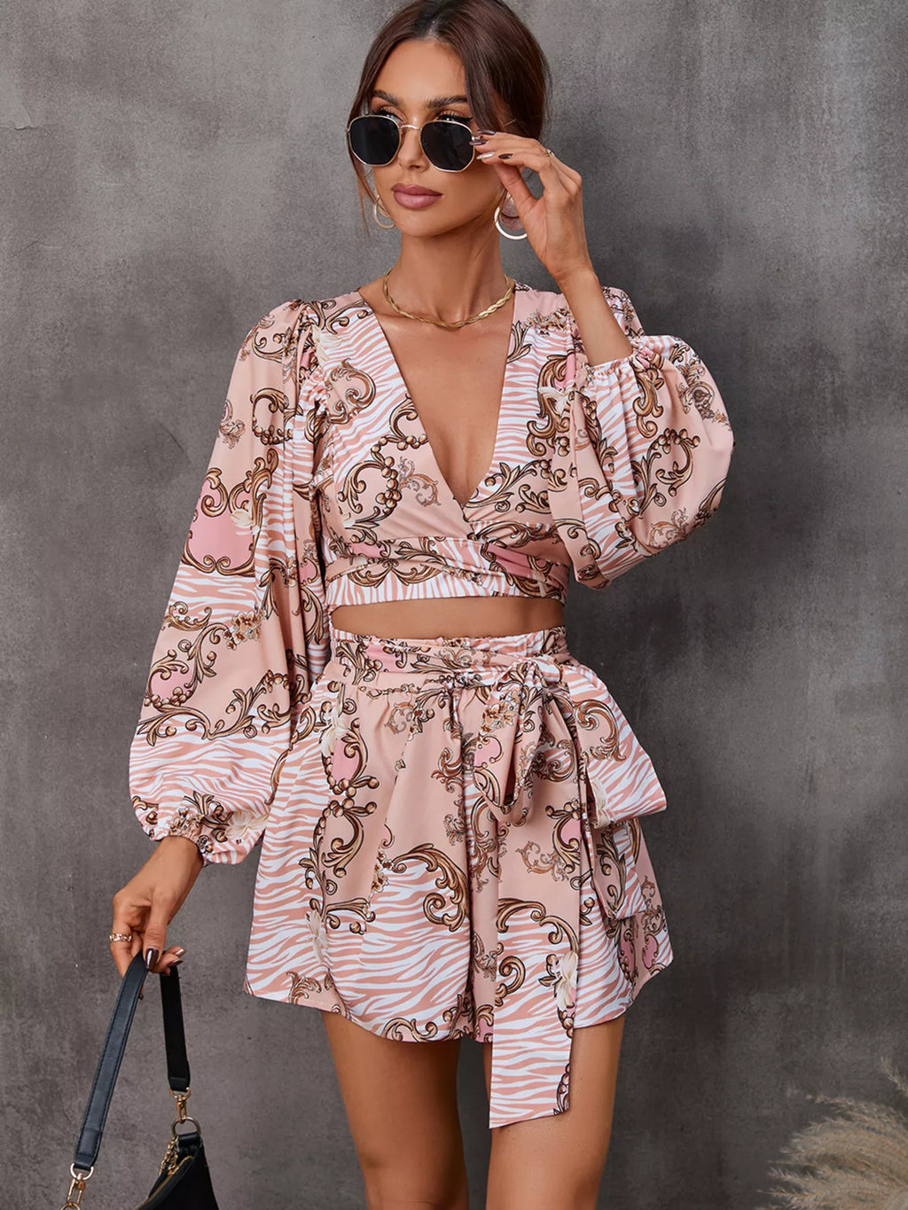 Cutout Front Printed Long Sleeve Romper