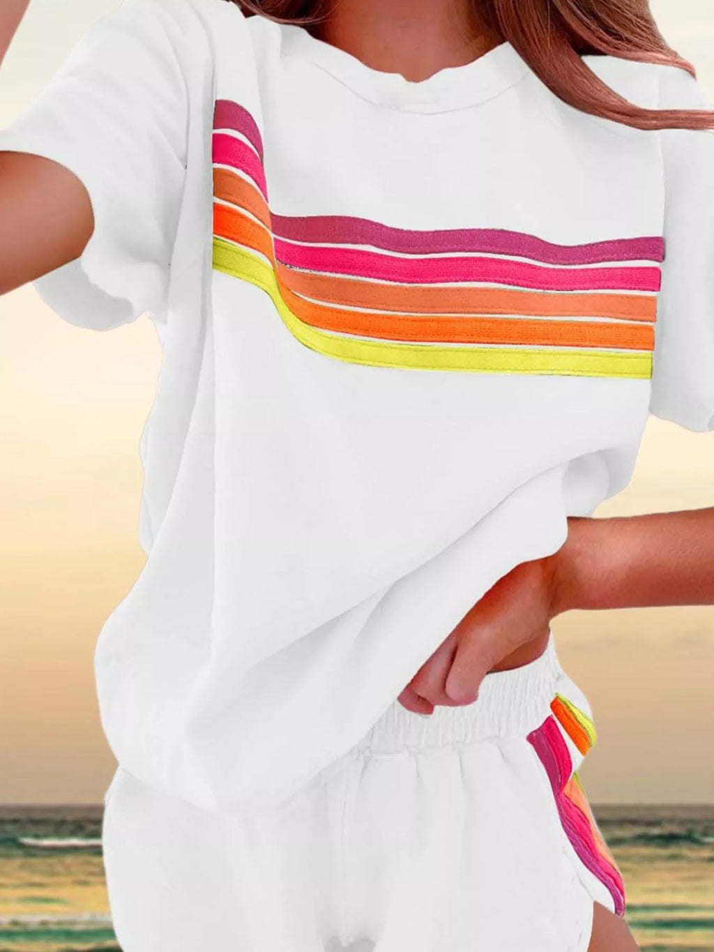 Rainbow Striped Round Neck Top and Shorts Set