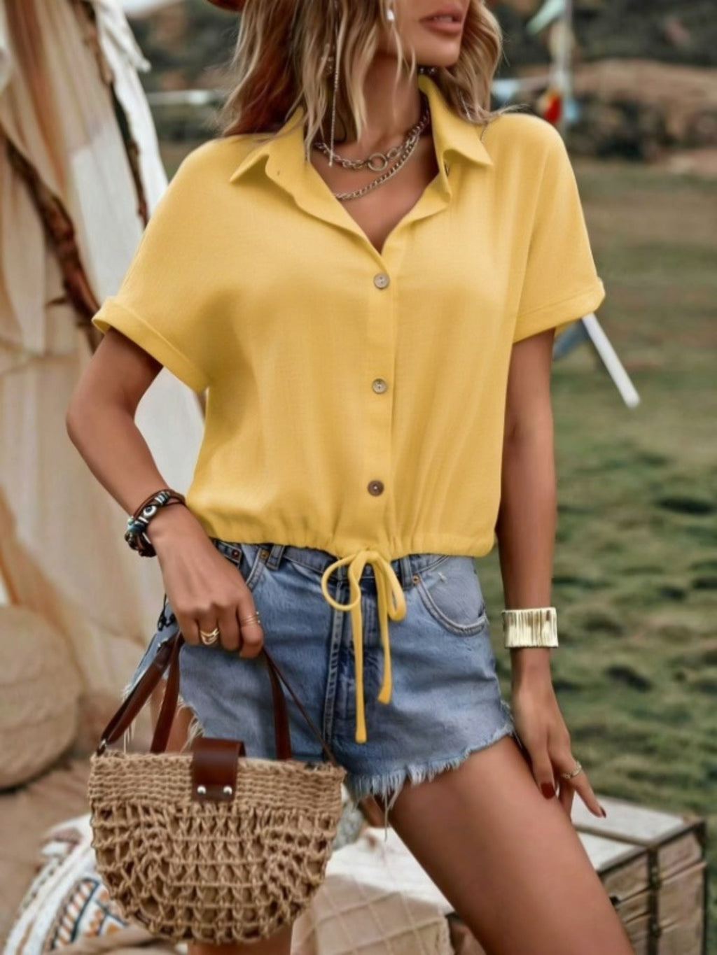 Casual Button-Down Drawstring Hem Shirt