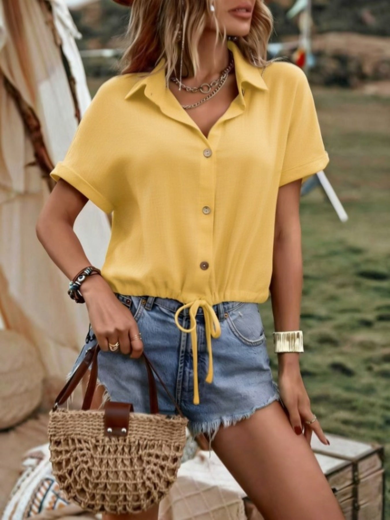 Casual Button-Down Drawstring Hem Shirt