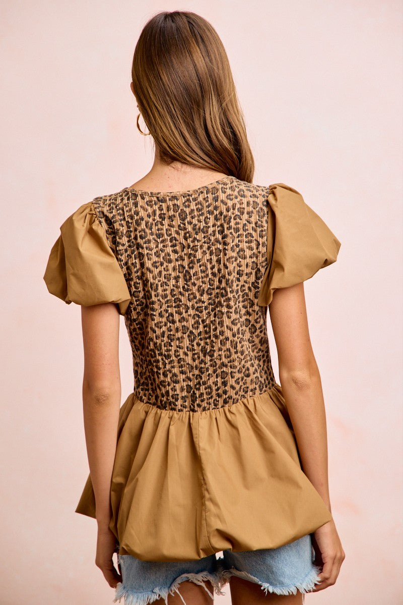 BiBi Rib Texture Leopard Puff Sleeves Bubble Peplum Top
