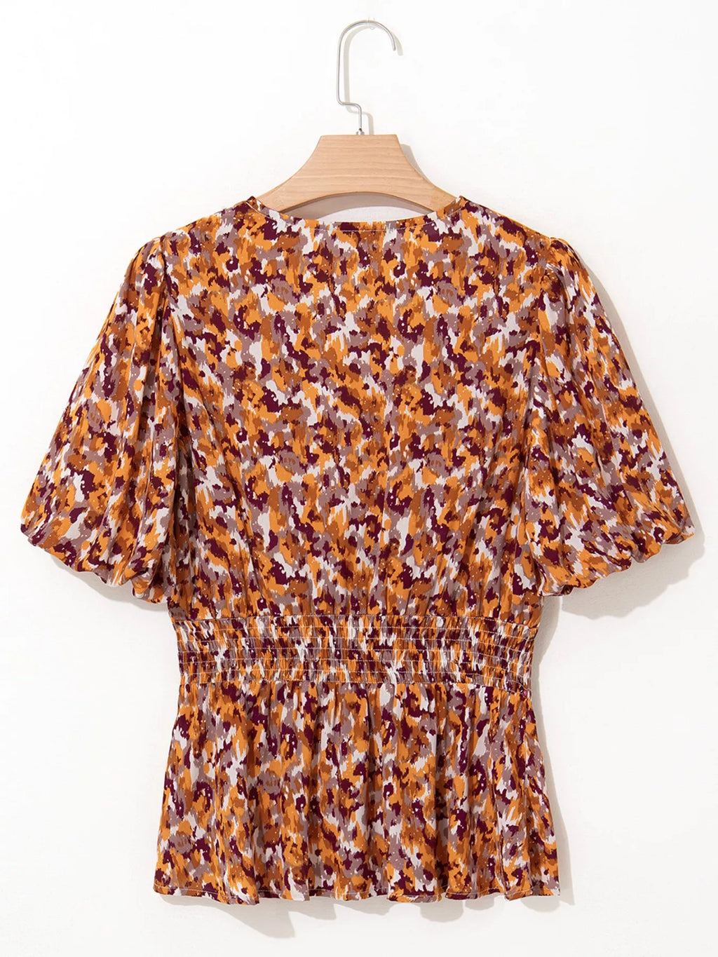 Abstract Print V Neck Smocked Babydoll Blouse