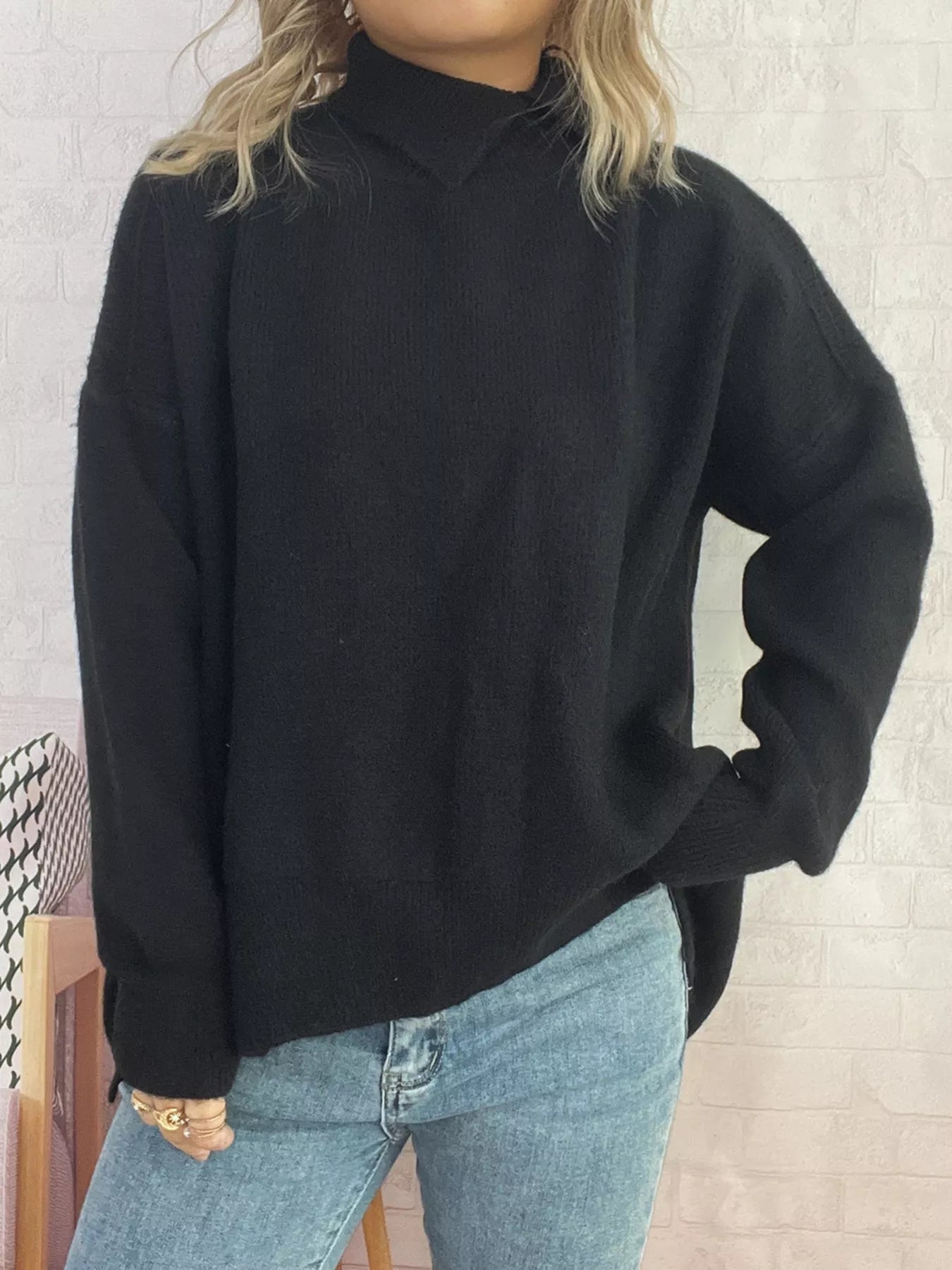 Slit Turtleneck Long Sleeve Sweater