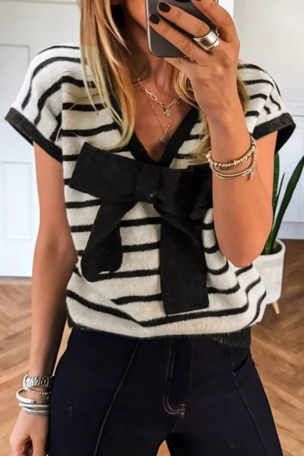 Stripe Bow Applique Short Sleeve Sweater