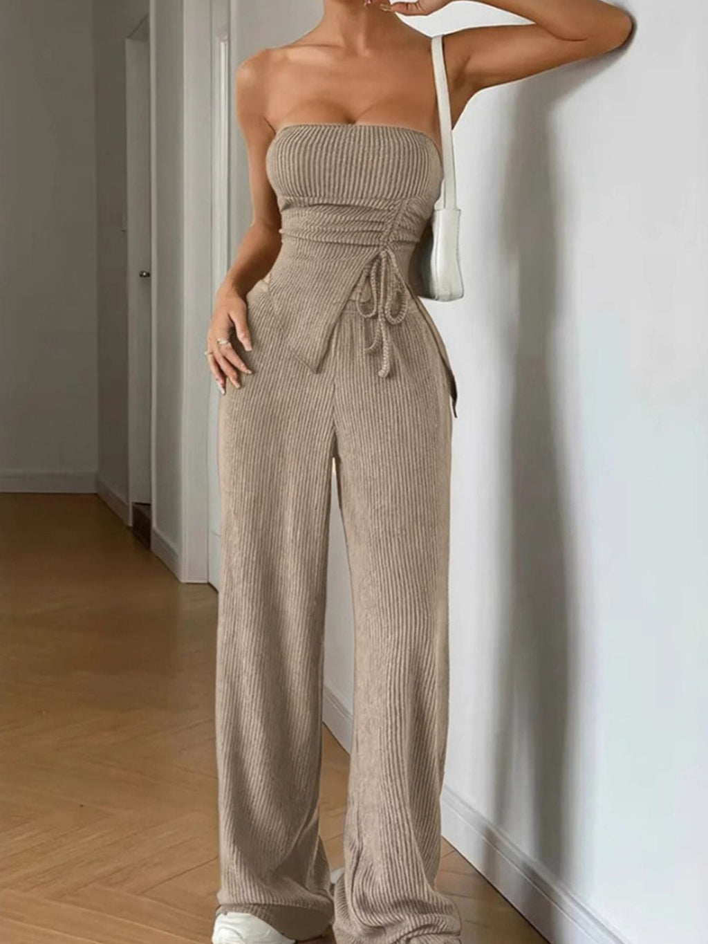 Ribbed Knit Tube Top and Wide Leg Pants Set