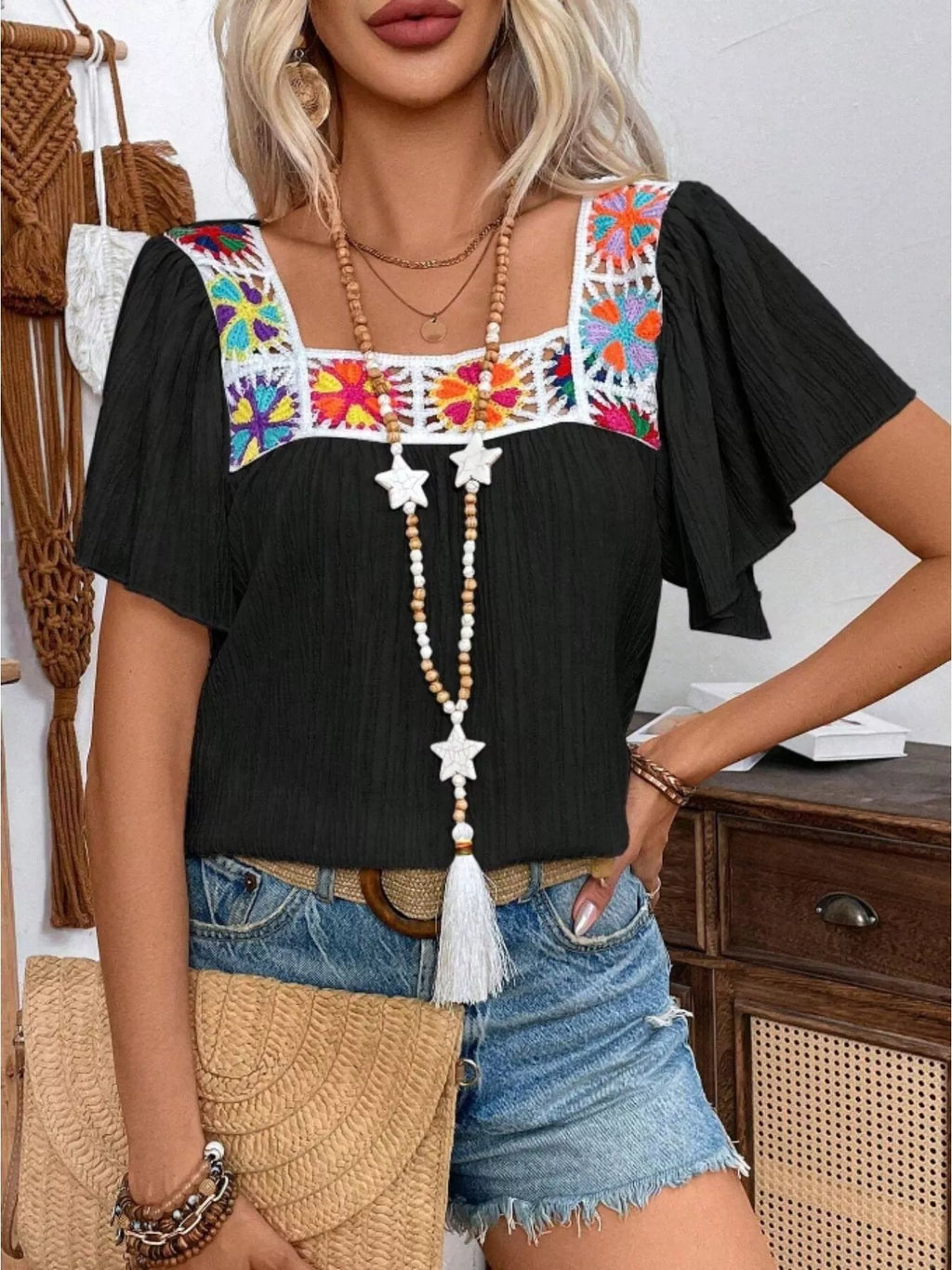 Embroidered Square Neck Flutter Sleeve Blouse