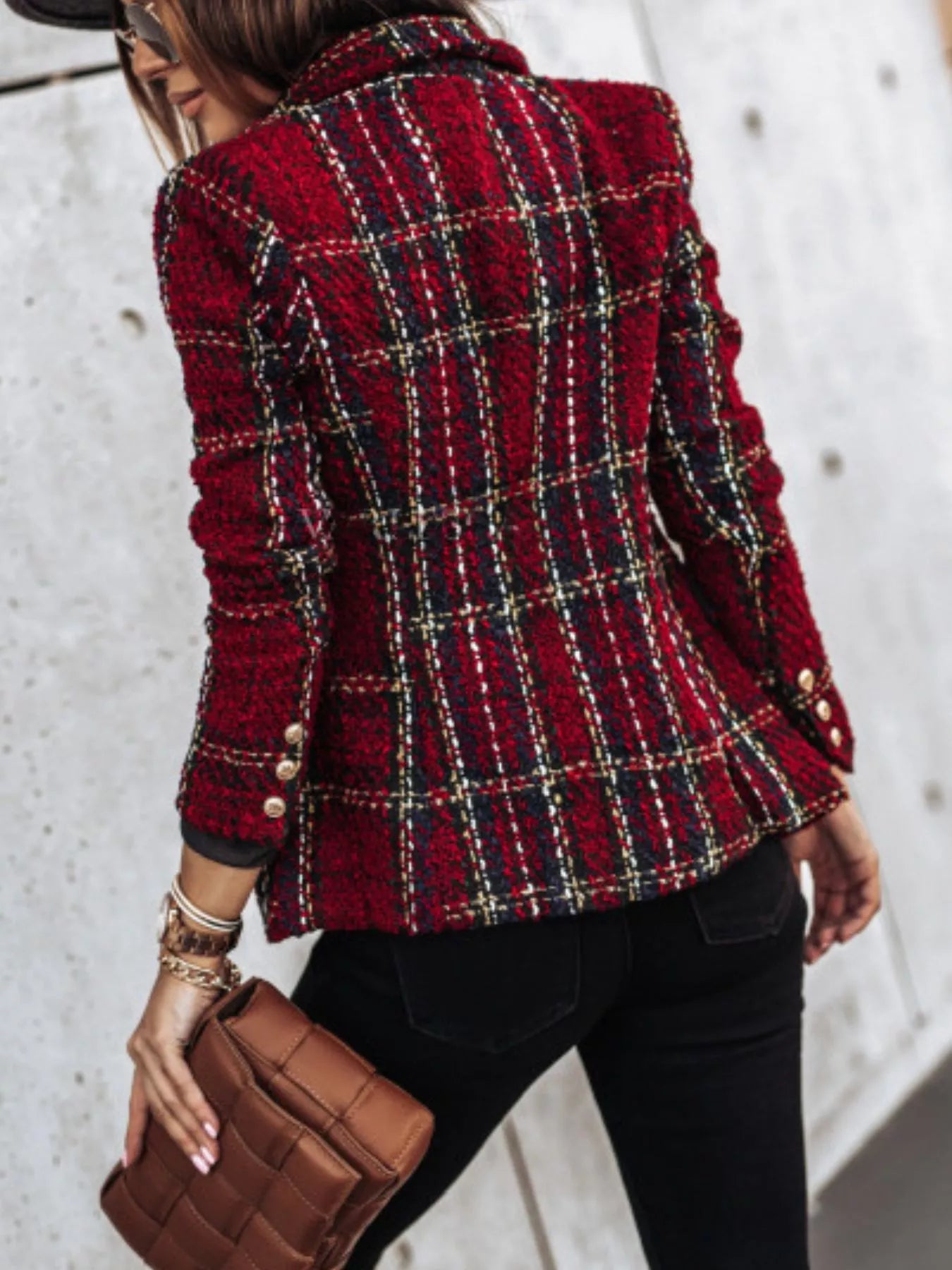 Full Size Plaid Tweed Double-Breasted Blazer Plus Size