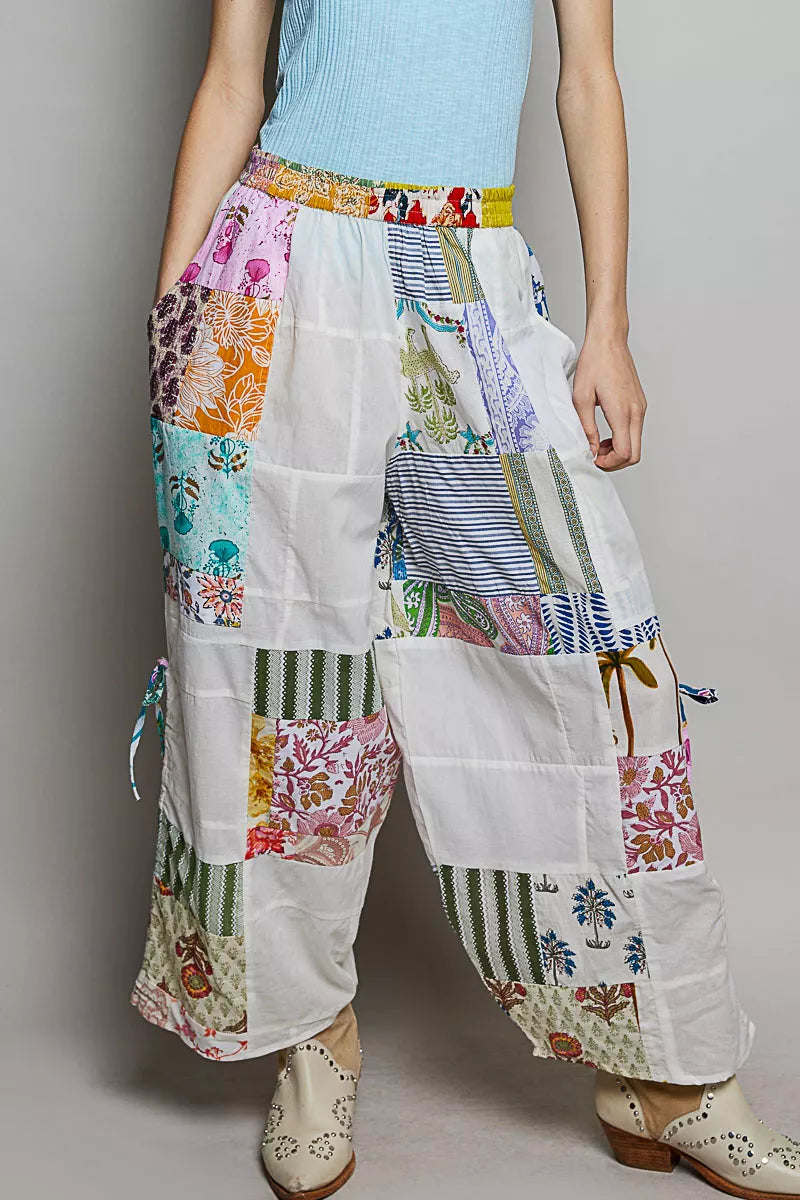POL Printed Patchwork Wide Leg Pants with Adjustable Side Drawstring
