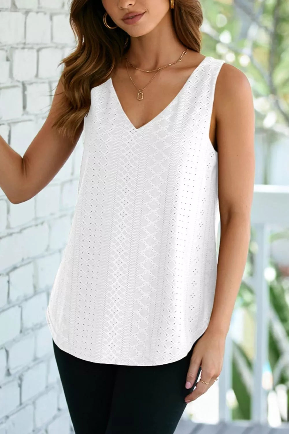 Eyelet Knit Patterned Loose V Neck Tank Top