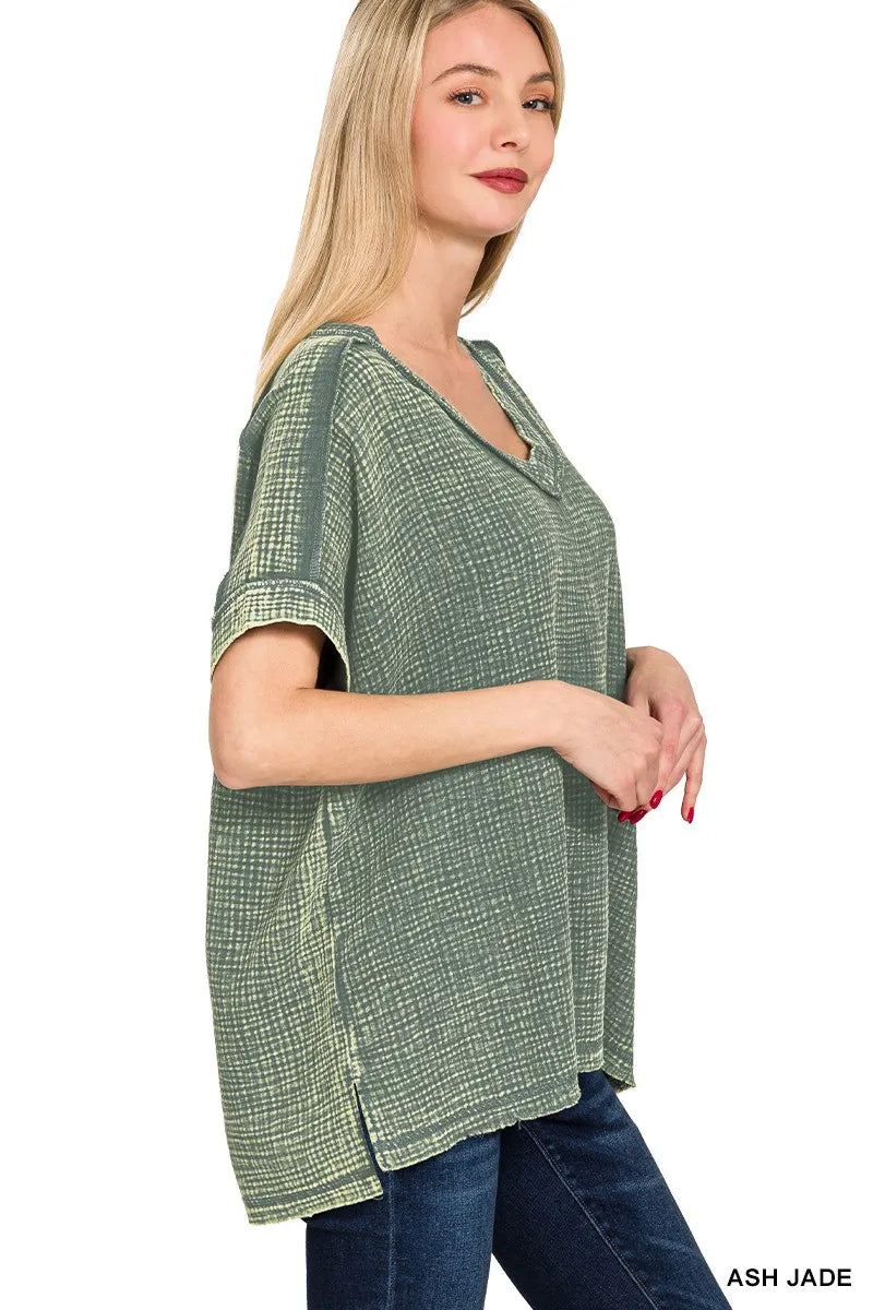 Zenana Acid Washed Double Gauze V-Neck Tee