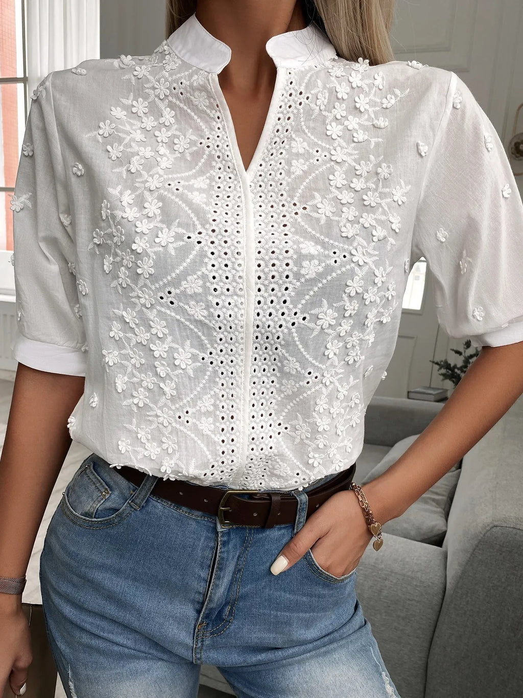 Embroidered Eyelet Notched Half Sleeve Blouse