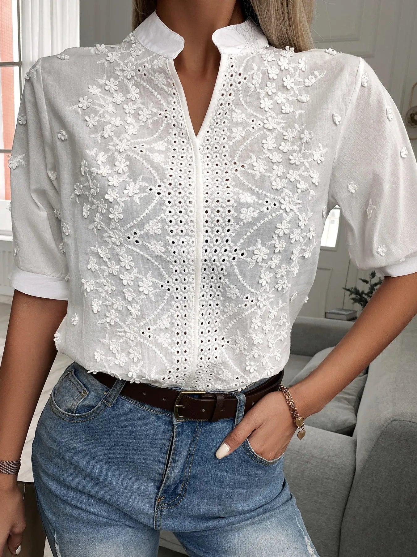 Embroidered Eyelet Notched Half Sleeve Blouse